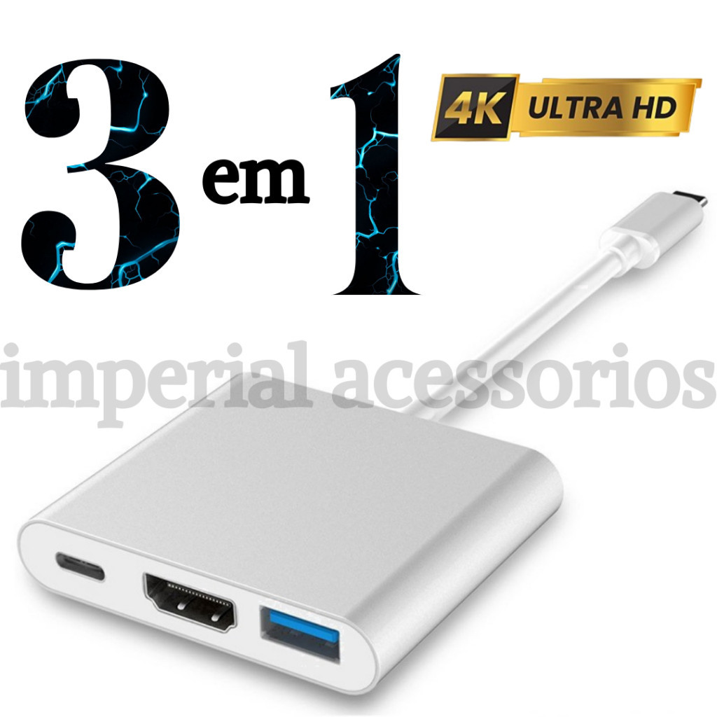 HUB 3 EM 1 Adaptador Tipo C Hdmi Usb Dex Compatív