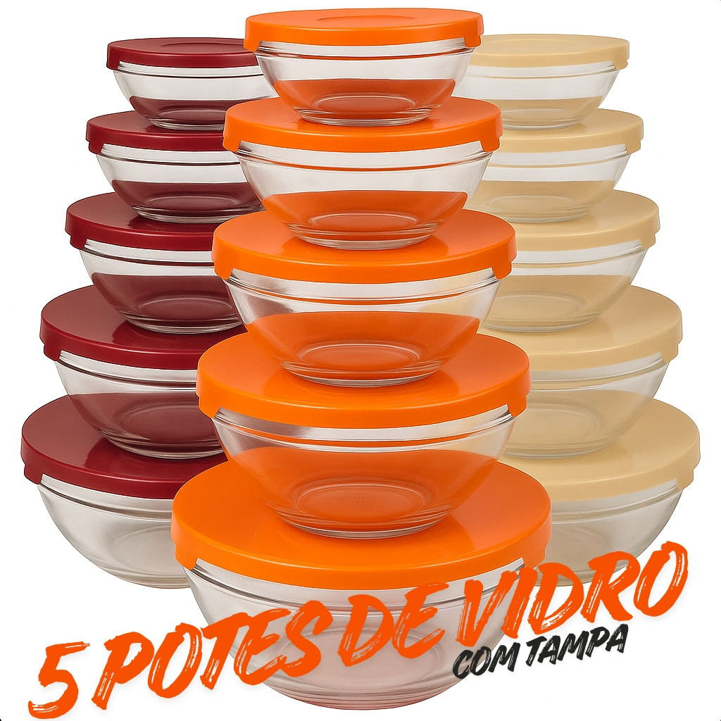 Kit com 5 Potes de Vidro tigela com Tampa 135 ml, 