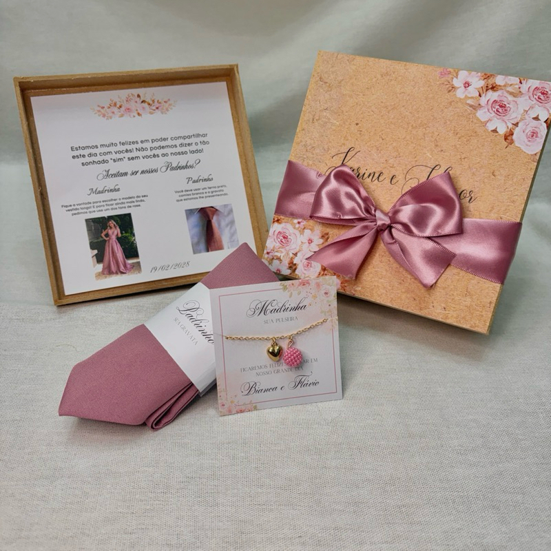 Kit caixa convite para padrinhos de casamento em m