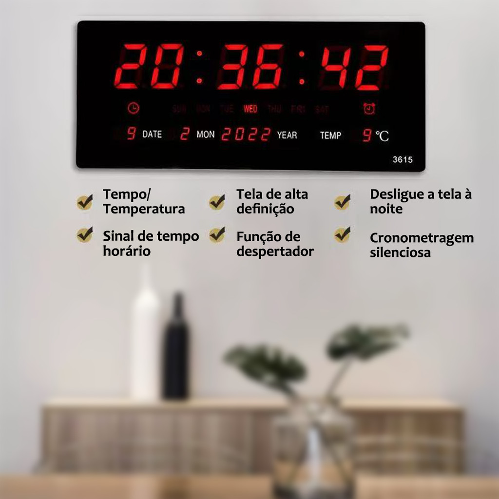 Relógio de parede digital LED grande com termôme
