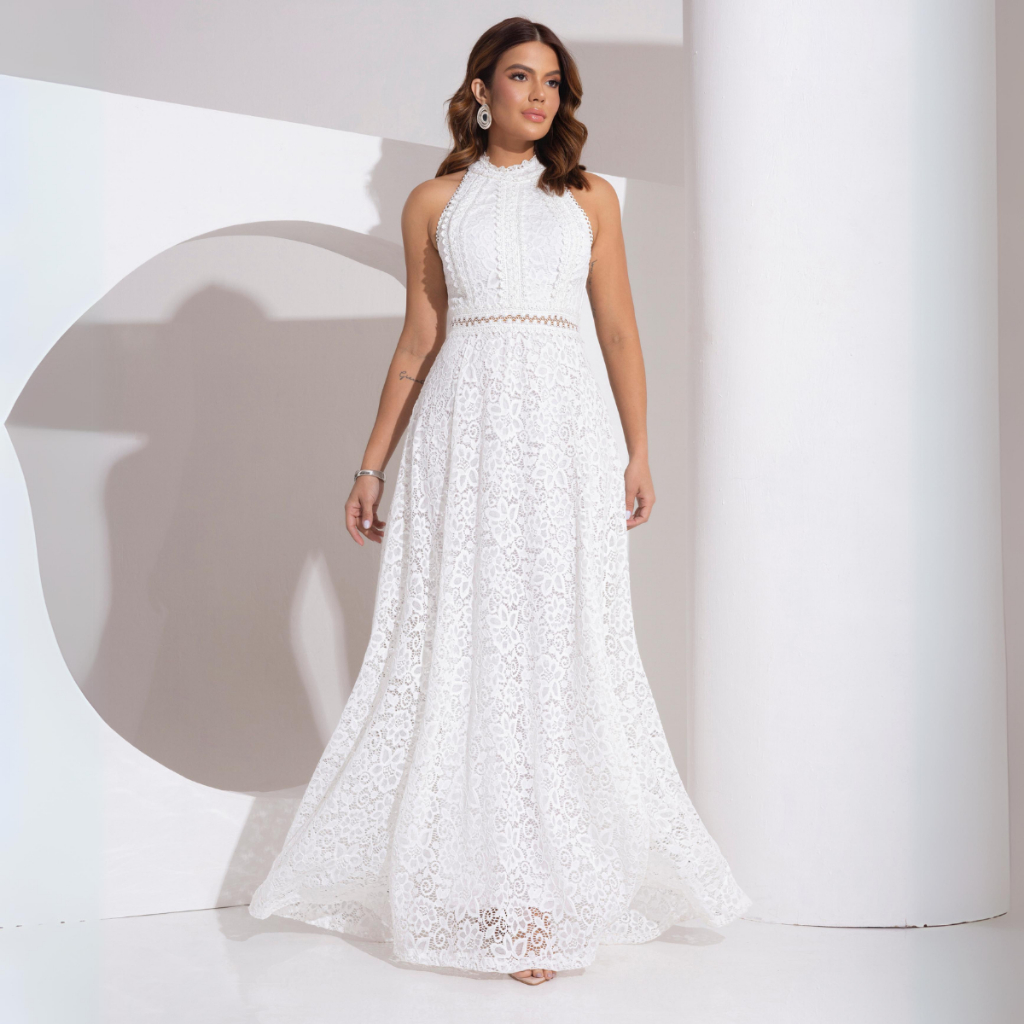 Vestido Casamento Civil Noiva Gola Alta Rodado De 