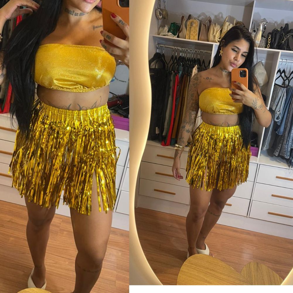 Kit Conjunto de Carnaval Top e Saia de Fita Metali