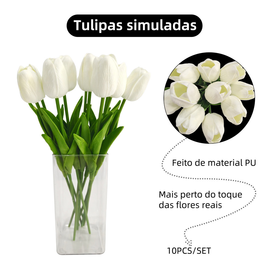Flores Artificiais de Tulipa Branca em Poliéster 