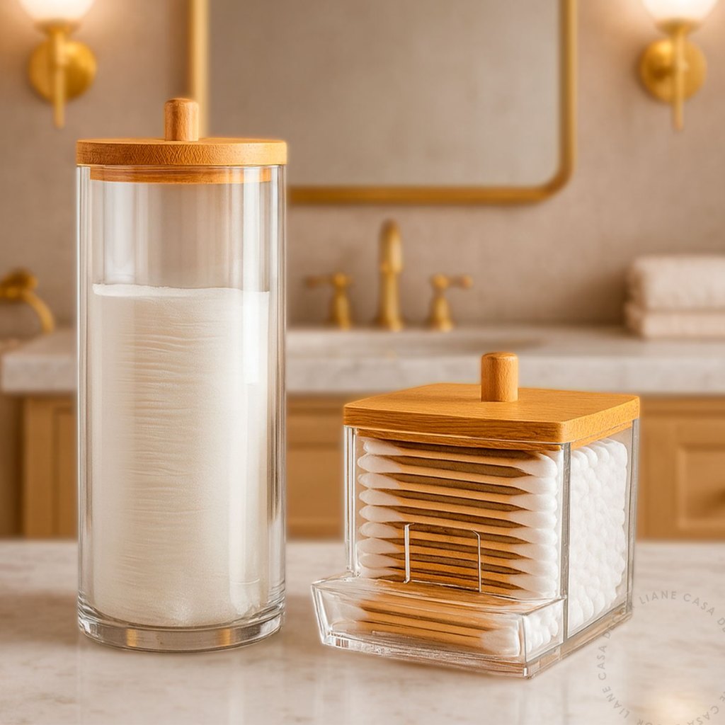 Organizador Cotonete E Algodão Tampa Bambu Acrili