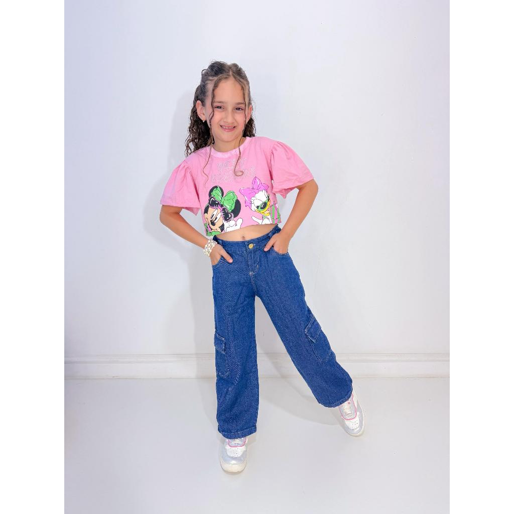 Calça Jeans escuro Cargo Infantil Juvenil Menina 
