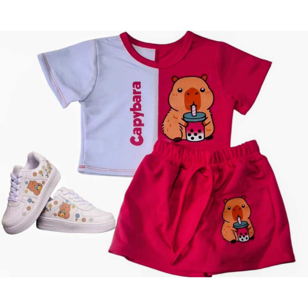 CONJUNTO   MOLETINO CAPIVARA SHORTS SAIA + BLUSA M