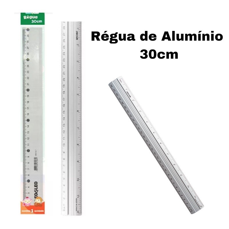 Régua 30cm de Alumínio Escolar Escritório Leo E