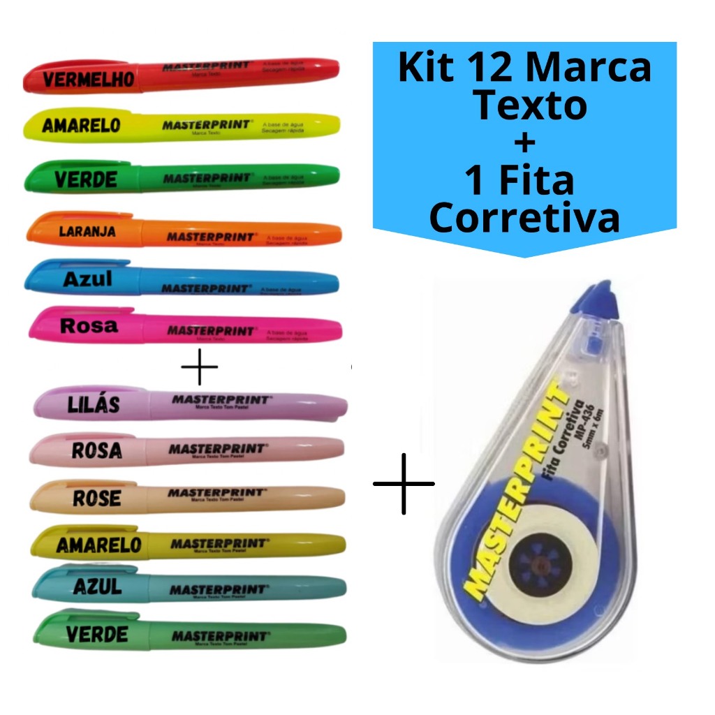 Kit 12 Marca Texto (6 Neon + 6 pastel) + 1 Fita Co