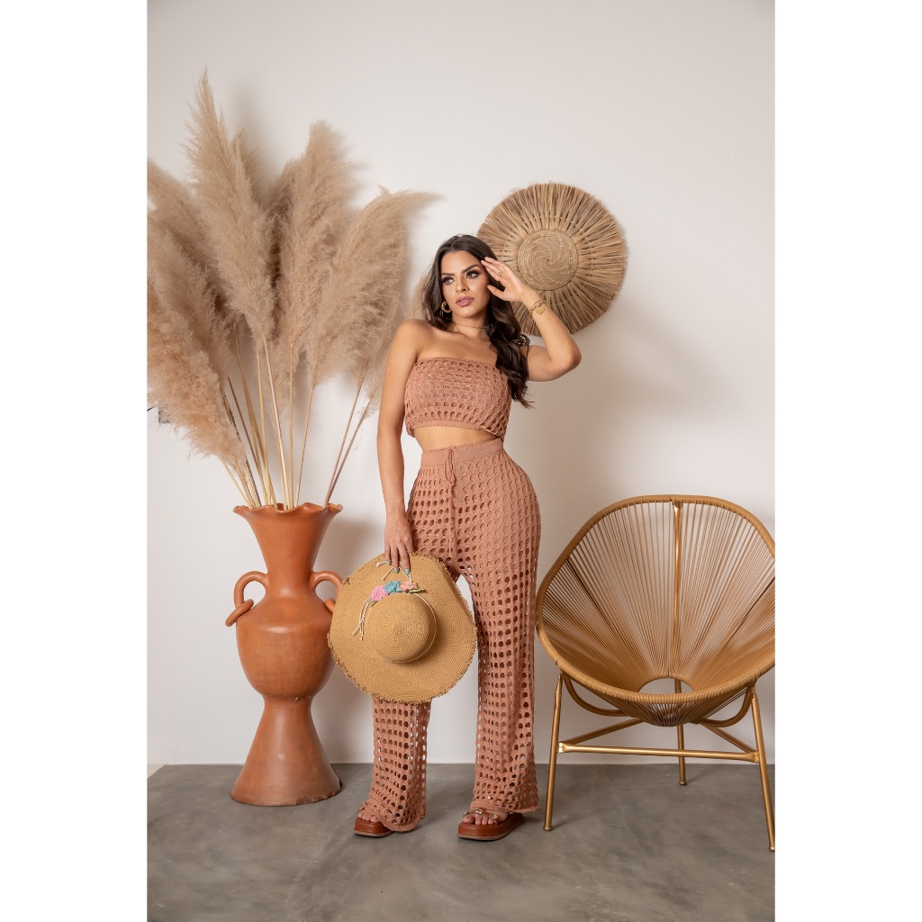 Conjunto Saída De Praia Calça Pantalona Cropped 