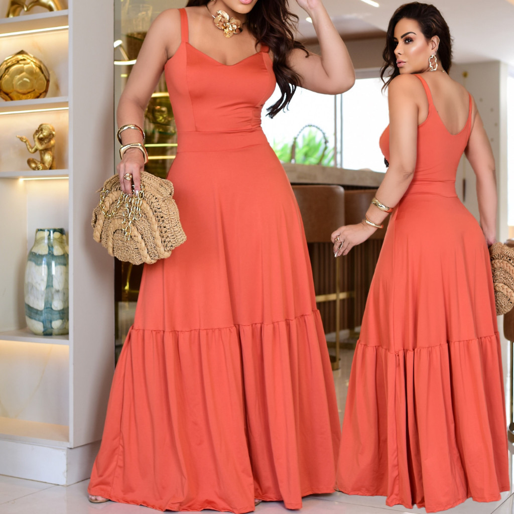 Vestido Longo Feminino Alça Malha Liso Fresco e L