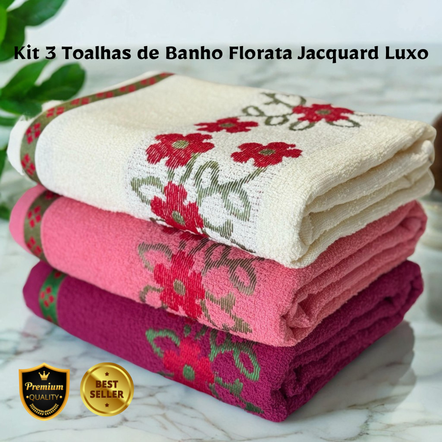 Kit 3 Toalhas de Banho Florata Jacquard Luxo 100% 