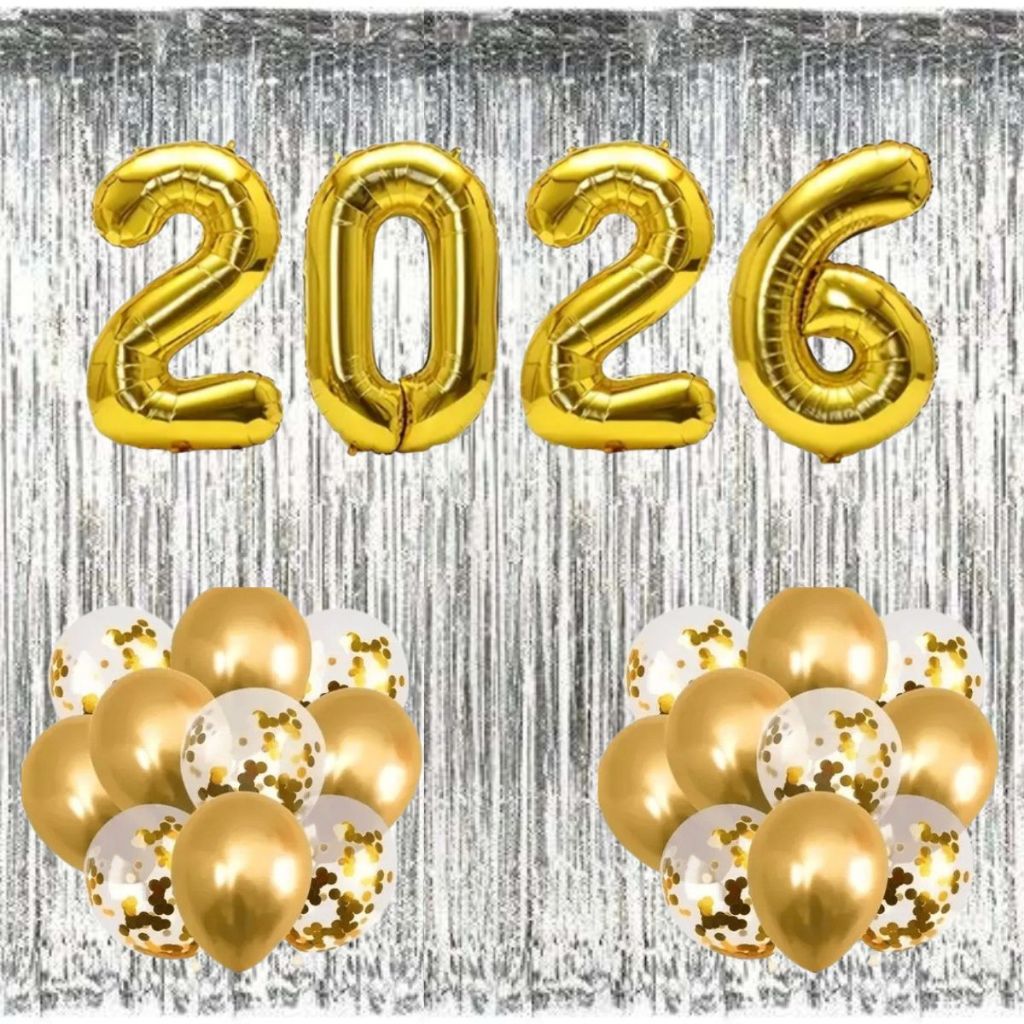 Kit Ano Novo Balão 2026 + 10 Bexigas + 2 Cortinas