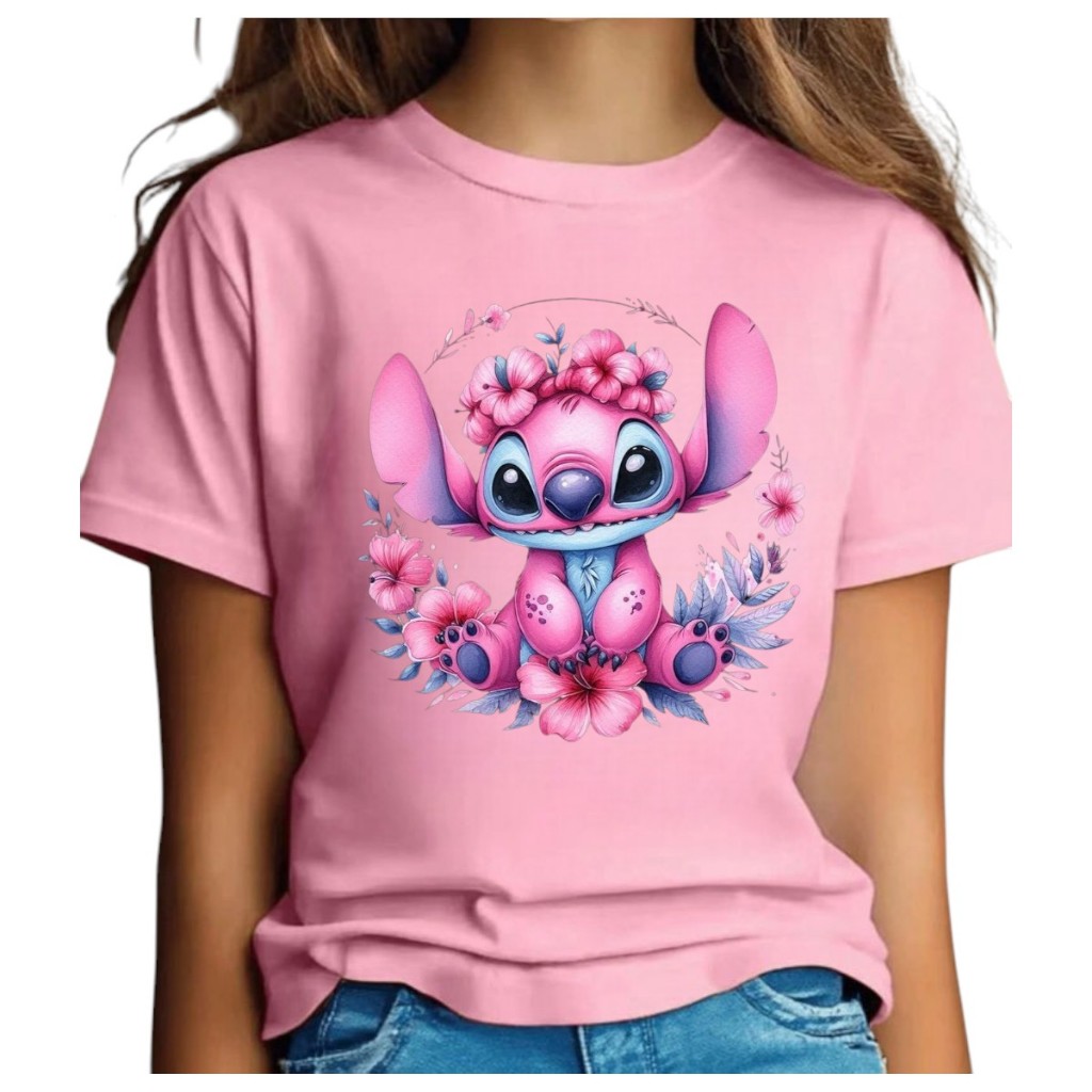 Camiseta Infantil Stitch Rosa 100% Algodão Confor