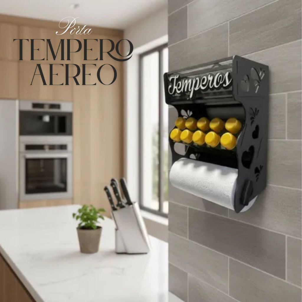 Porta Tempero Preto de Parede com 10 Tubetes + Por