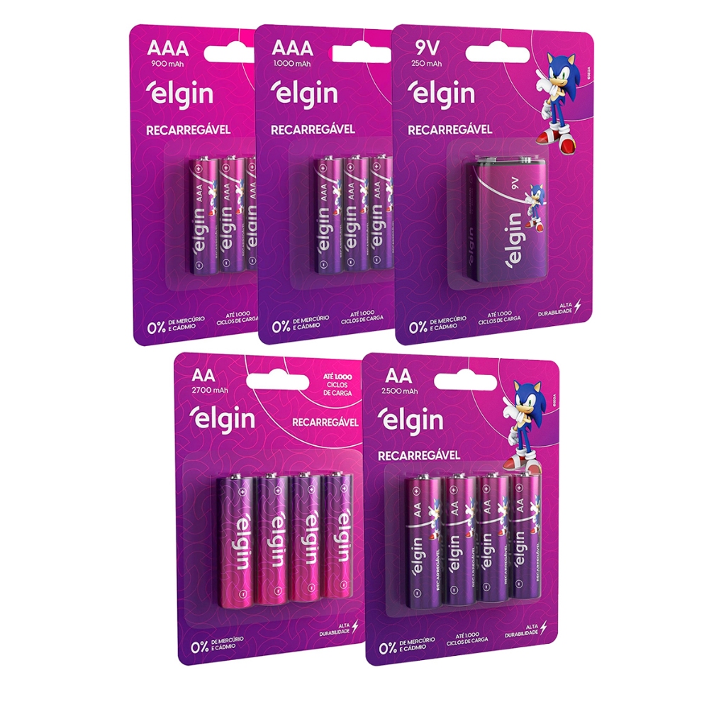 Pilhas Recarregável Elgin 9V AA ou AAA Blister co