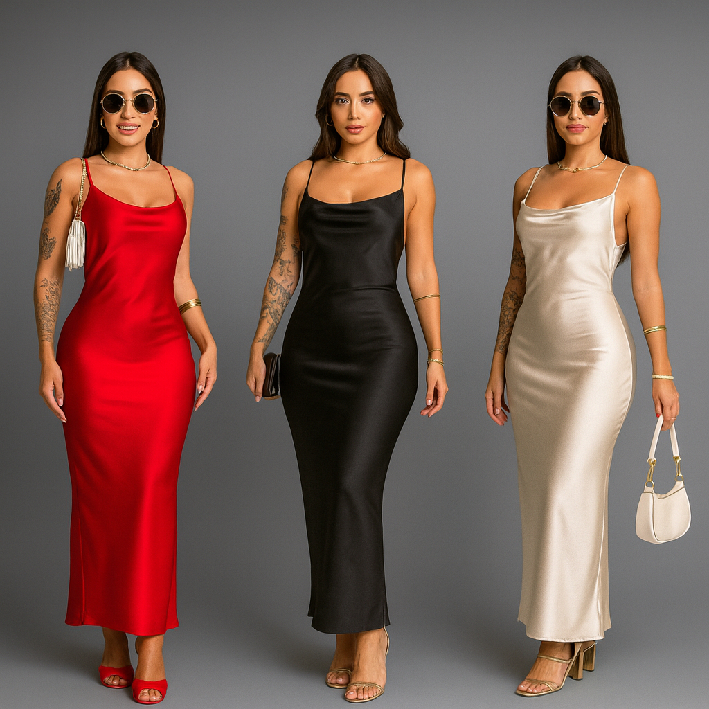Vestido Mídi Feminino Cetim – Moda Elegante