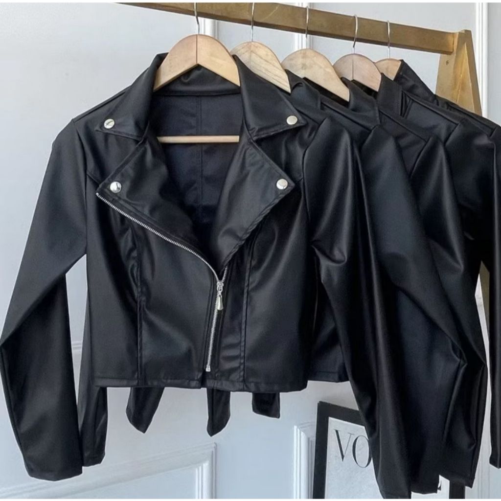 Jaqueta Feminina Couro Sintético Preta Cropped co