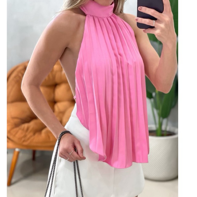 Blusa bata plissada feminino gola alta franzida te