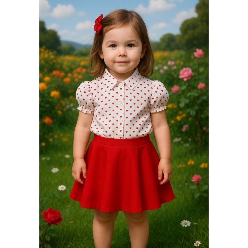 conjunto Blusinha gola polo+ saia coração menina