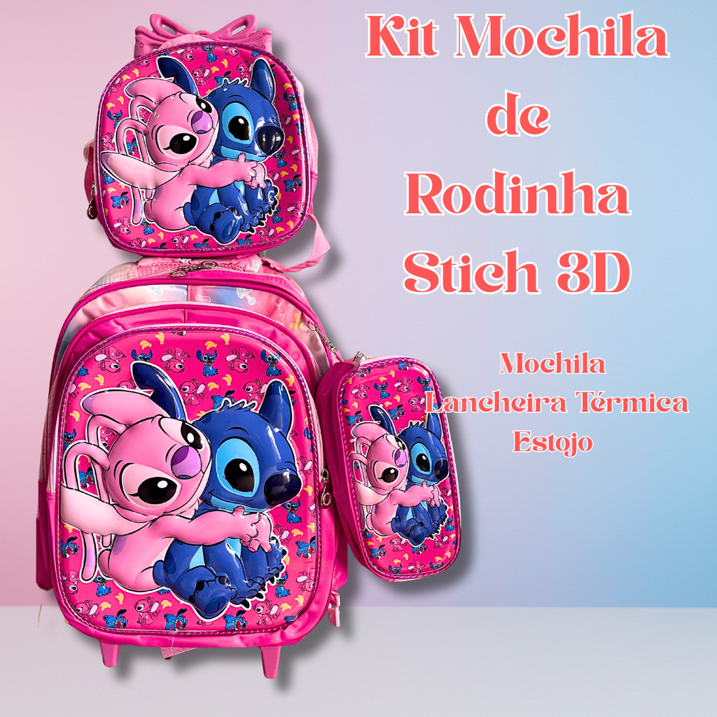 Kit Mochila Infantil de Rodinha Stitch 3D Escolar 