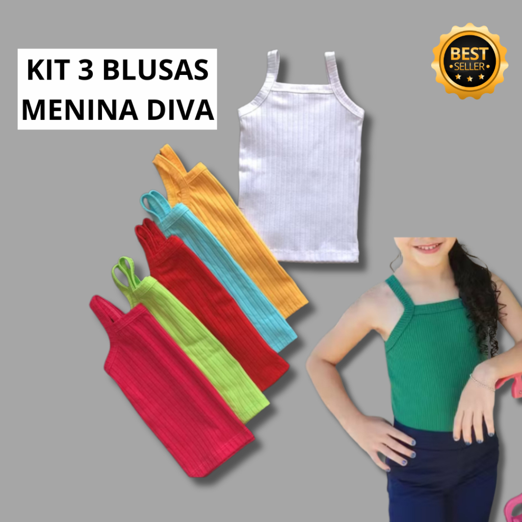 HIPER KIT 3 Blusa Infantil Lisa Alça Menina Regat
