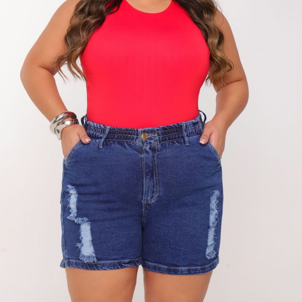 Short Feminino Plus Size Jeans Cintura Alta Empina