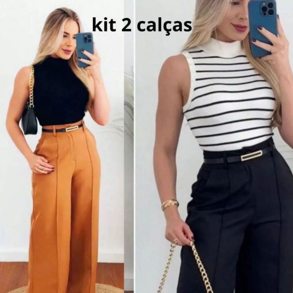 Kit 2 Calça Alfaiataria Feminina Pantalona Com Zi
