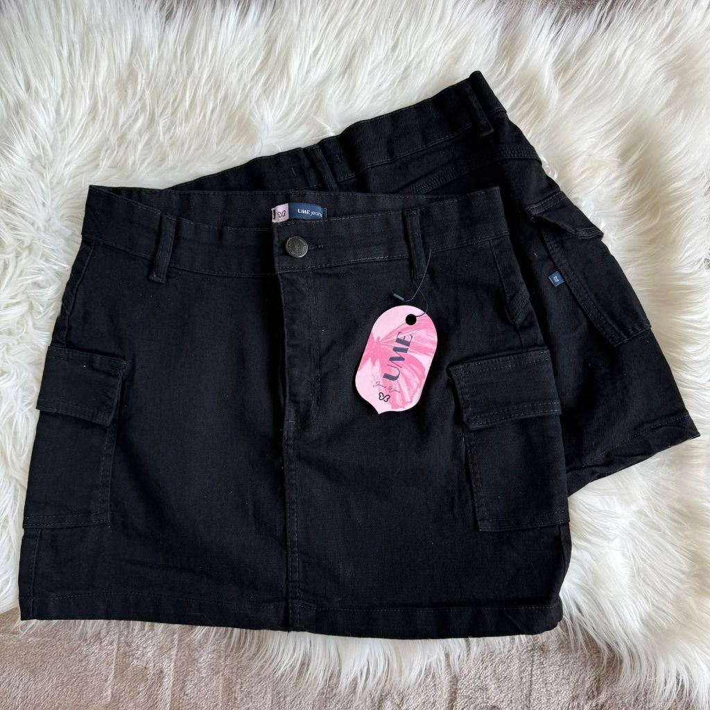 Saia Cargo Feminina Preta Jeans Lycra Marmorizada 