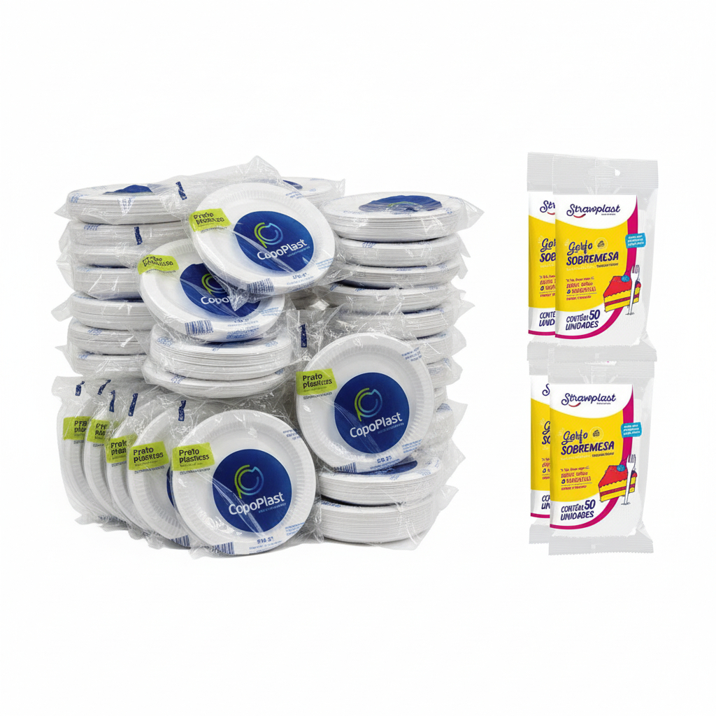 Kit Festa Descartável Pratos e Garfos Sobremesa e