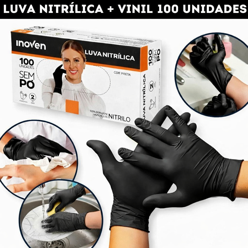 Luva Vinil Preta Descartável Sem Pó Resistente 1