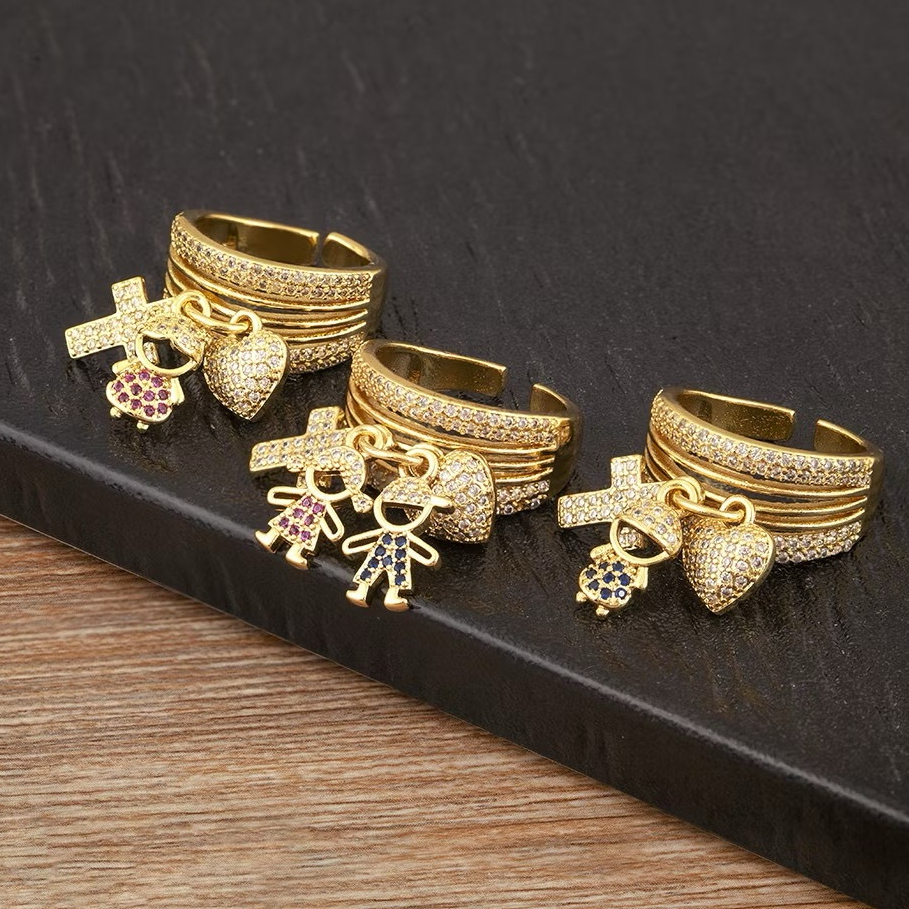 Anel de filhos cravejado casal menino menina dois 