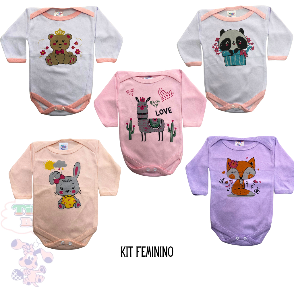 kit 5 peças body manga longa colorido feminino ou