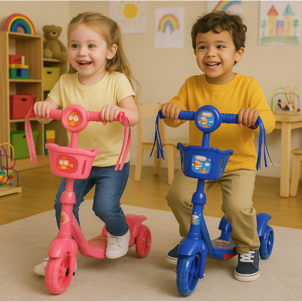 Patinete Infantil 3 Rodas com LED, Música, Cestin