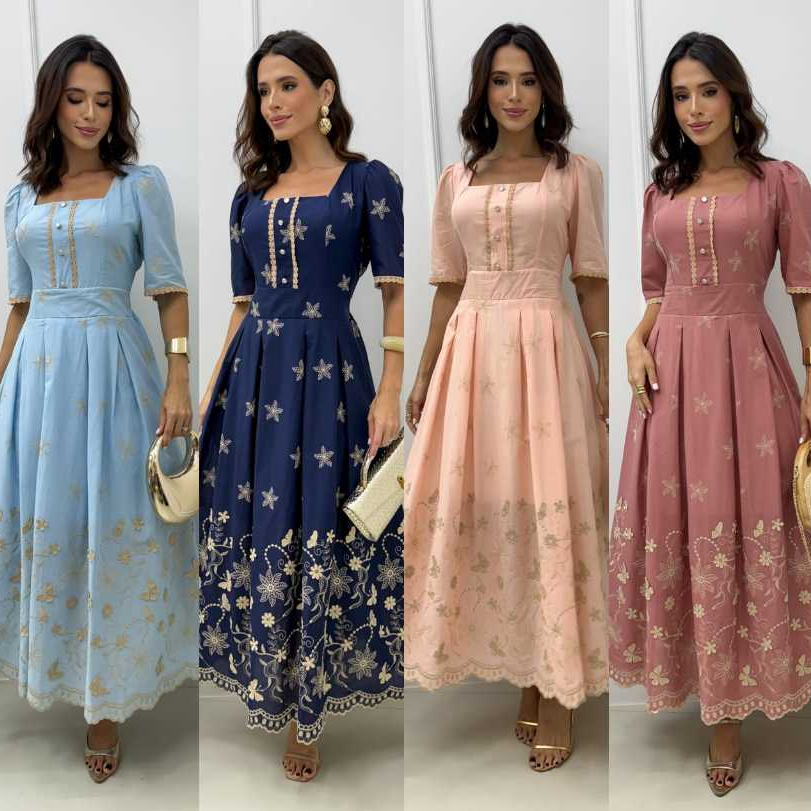 Vestido Luxo Midi Lese Bordado Manga Bufante