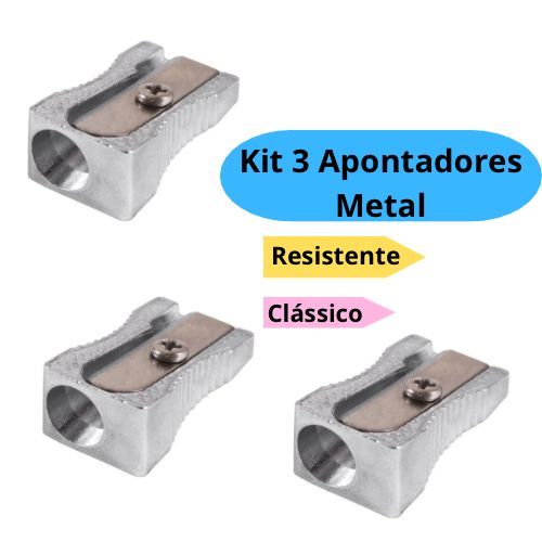 Kit 3 Apontador Metálico Clássico Resistente Apo