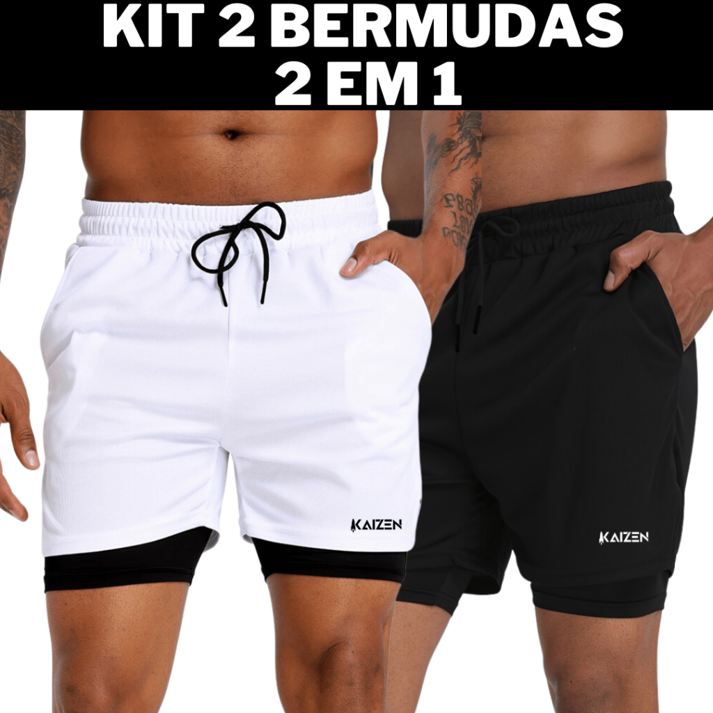 kit 2 bermudas academia shorts 2 em 1  para treina