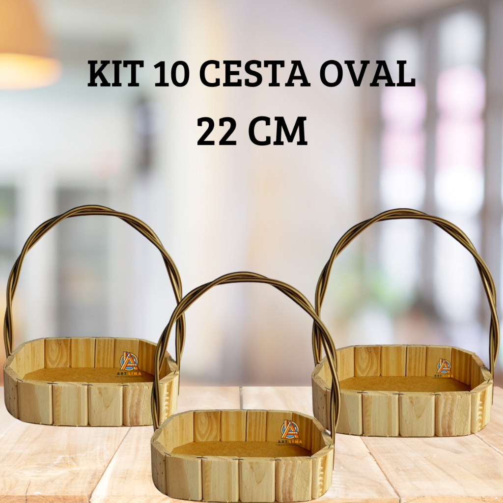 Kit 10 Cesta Madeira Pinus Oval 22cm com Alça Dup