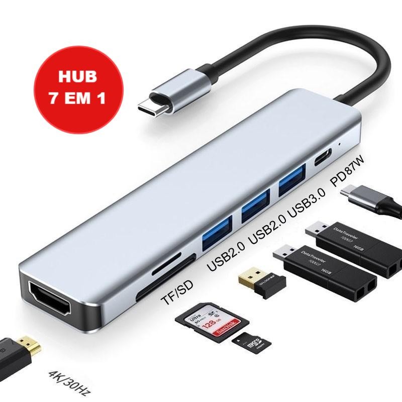 HUB 7 em 1 Tipo C USB HDTV 4K 30Hz Vídeo USB 3.0 