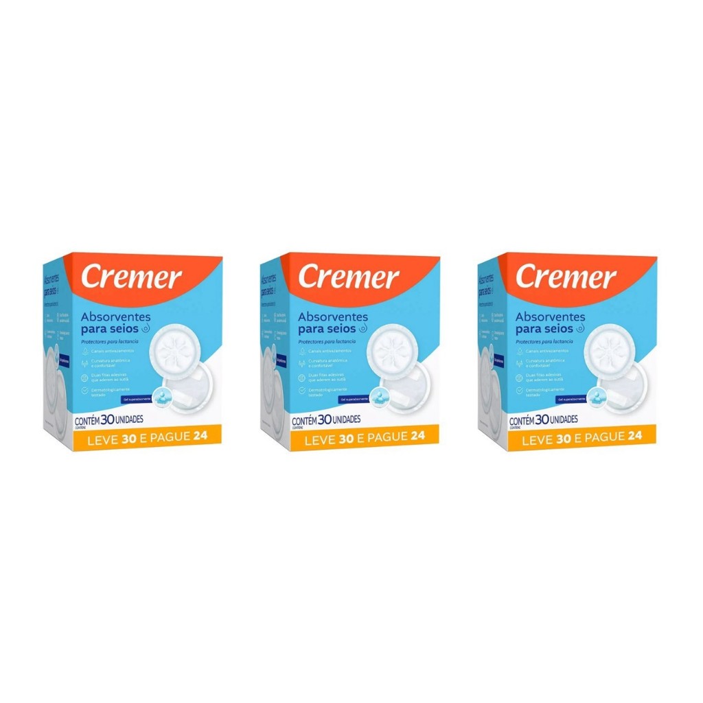 Kit Com 3 Absorvente Para Seios Cremer 90 unidades