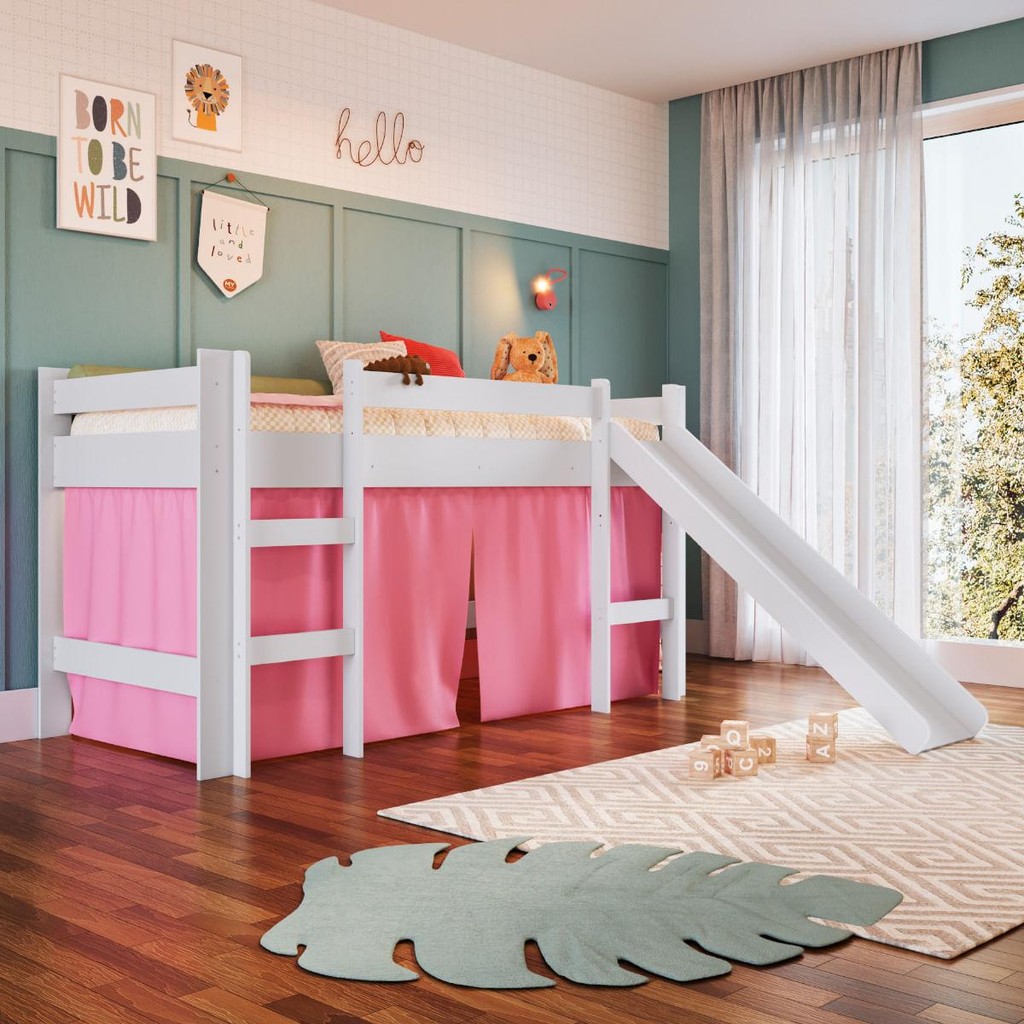 Cama Infantil Elevada com Escorregador Branco e Co