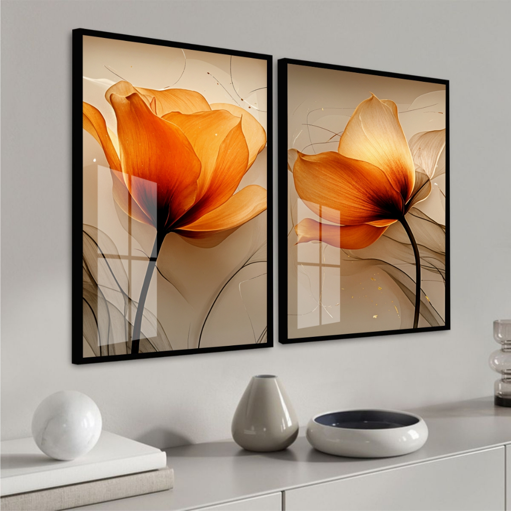 Quadro Moldura Vidro Kit 2 Peças Grandes Flor Lar