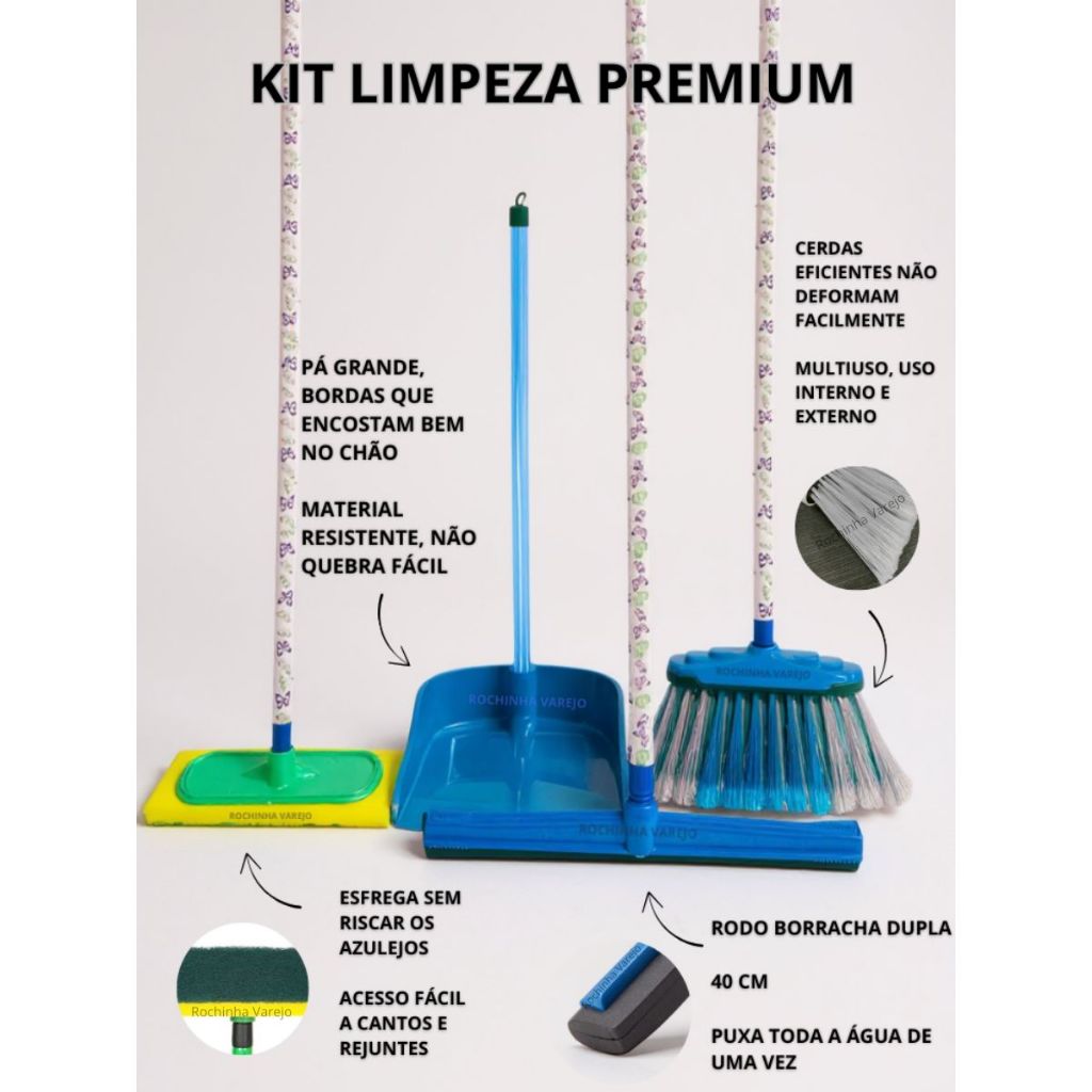 Kit 1 Vassoura (Com cabo), 1 Rodo (Com Cabo),  1 L