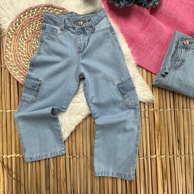 CALÇA JEANS INFANTIL MENINAS WIDE LEG CARGO BRUNA
