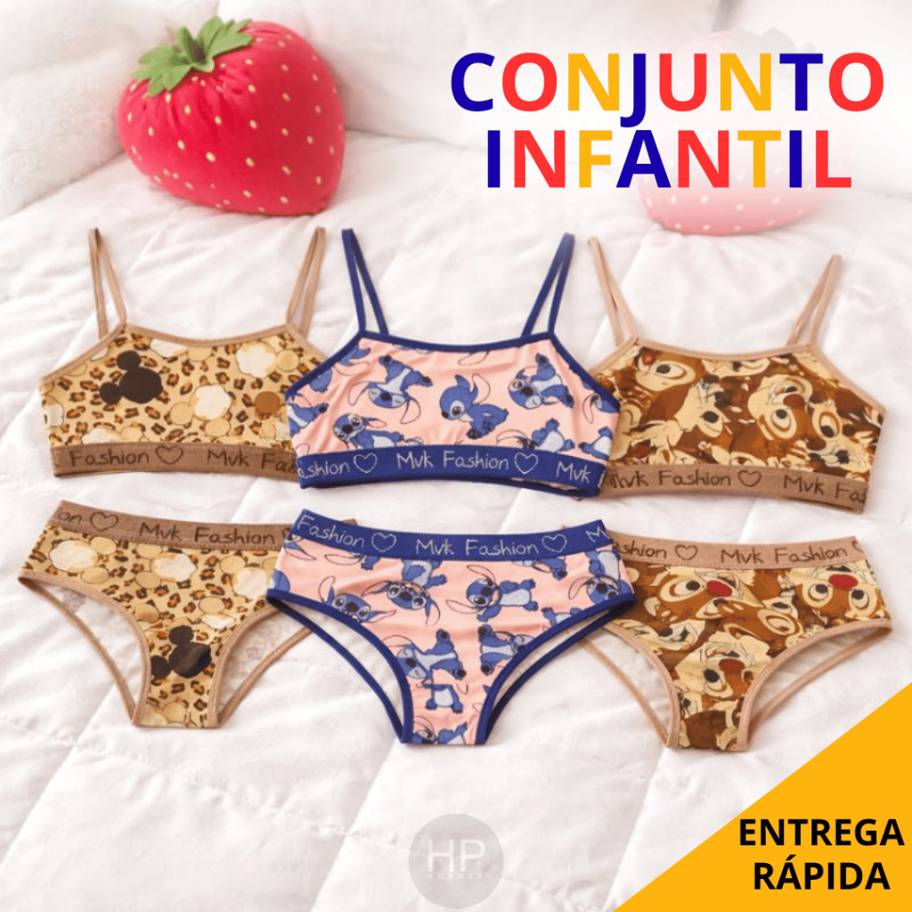 Kit 3/5 Conjuntos Calcinha e Sutiã Infantil Sem B