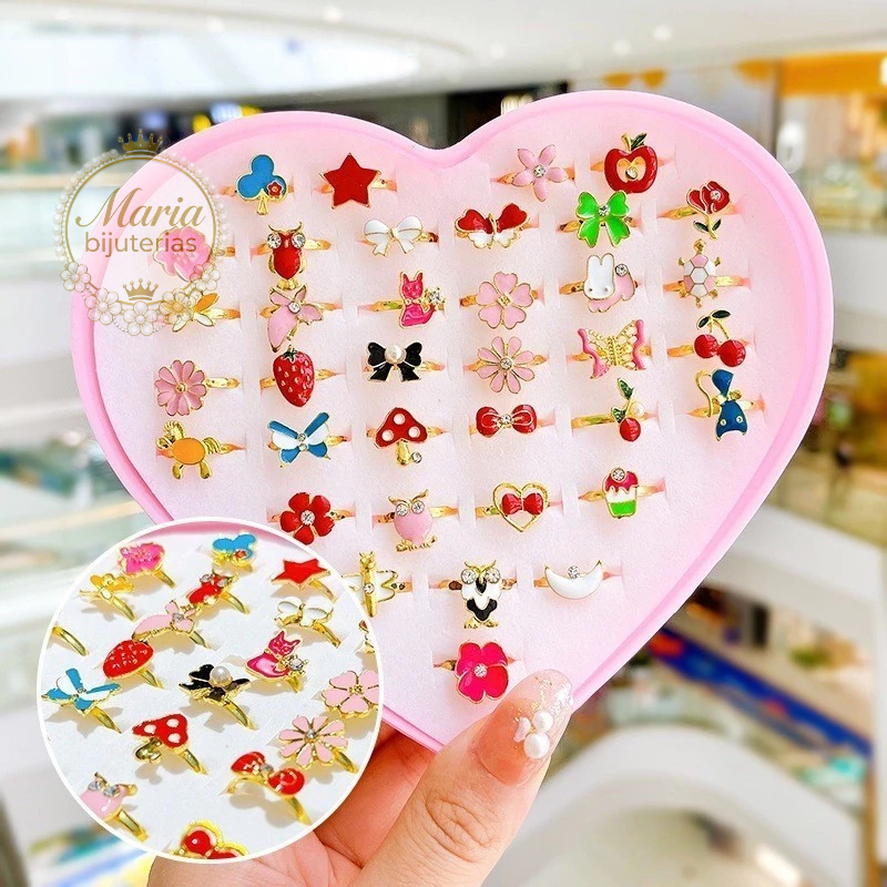 Kit 12/24/36 Anéis Infantil Menina + Caixa Coraç