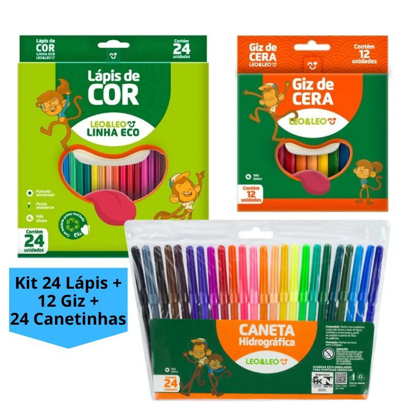 kit Lápis de Cor 24 Cores + Canetinha + Giz 12 Co