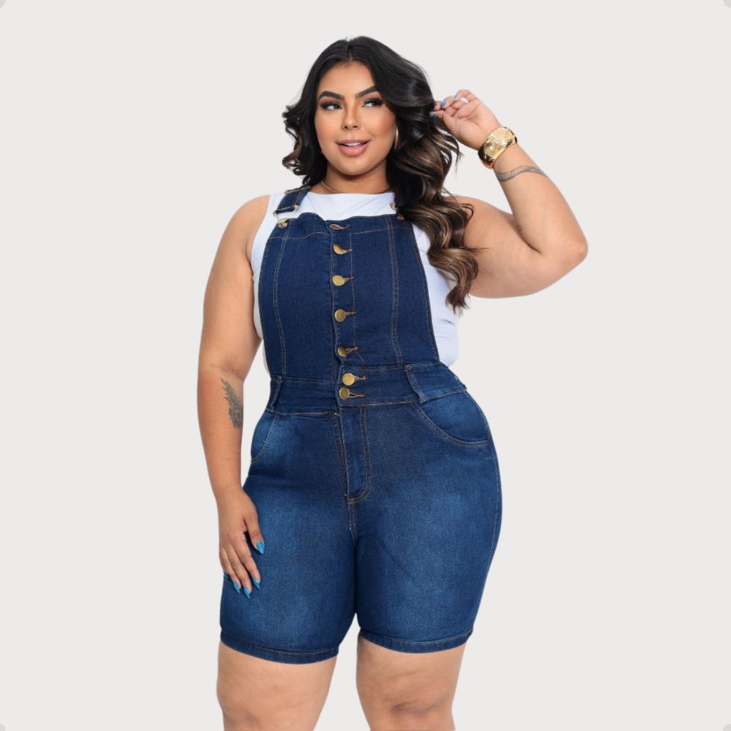 JARDINEIRA PLUS JEANS CASUAL FEMININO COM ELÁSTAN