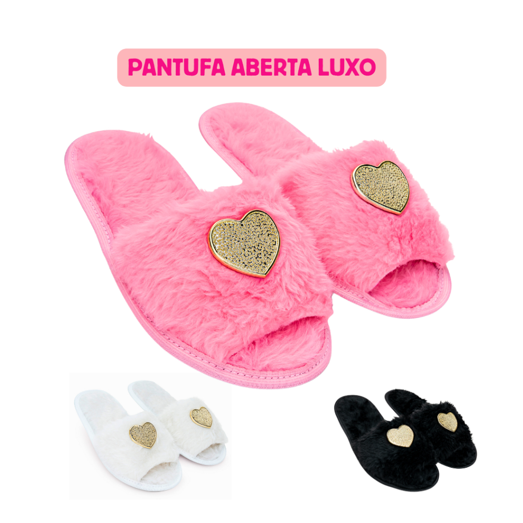 Pantufa de Pelúcia Aberta com Coração Dourado e