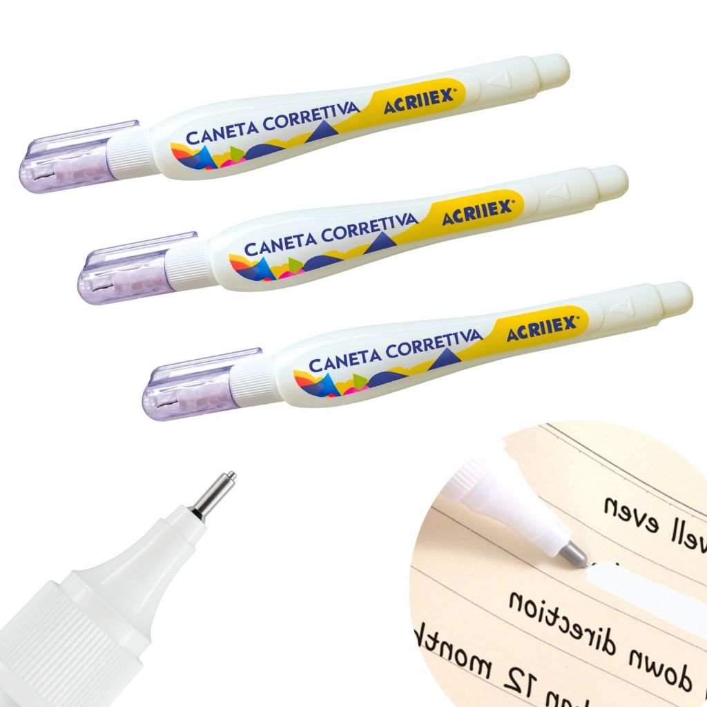 Kit 1/3 Canetas Corretivas 3ml Escritório Escola 