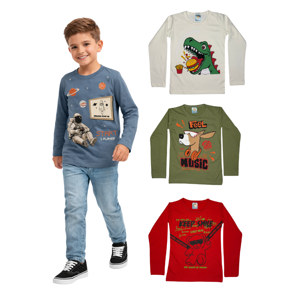 Kit 3 Camisas Sortidas Manga Longa Menino Versáti